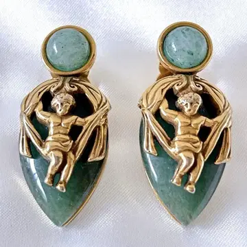 [ 앤티크 ] 천사 모티브 귀찌 빈티지 골드 x 그린