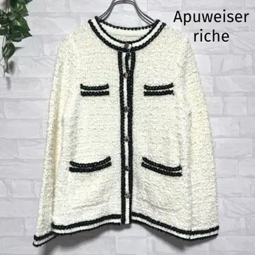[새상품급] 아푸와이저 리셰 샤기 트위드 니트 자켓 골드 버튼 화이트
