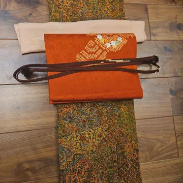 오렌지 컬러 꽃무늬 코몬 기모노 이중 기모노