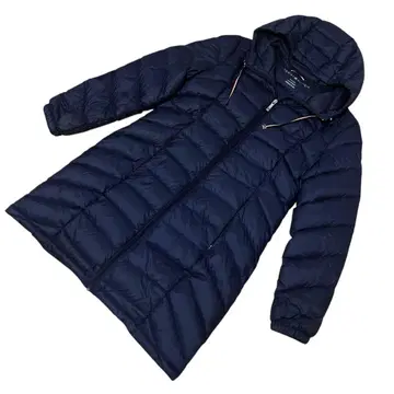 네이비 후드 부착 롱 다운 자켓