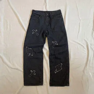 Q&J JEANS 초와이드 데님 블랙 30인치 grunge 자수
