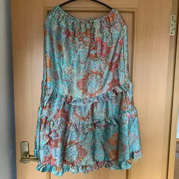 페이즐리 무늬 실크 플레어 스커트 38 블루 올 패턴 롱 스커트