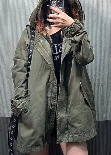 후드 부착 올리브 모즈 코트 퍼 부착 그런지 y2k