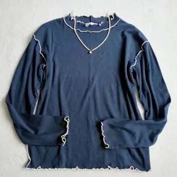 스위트 플뢰르 프릴 멜로우 리브 티셔츠 하이넥 상의 코튼 혼방 M