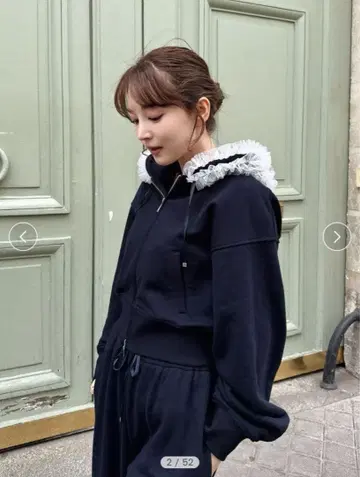 snidel 튤 프릴 후드 맨투맨 네이비 지퍼 후드티