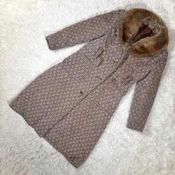 빈티지 [ M 상당 ] 긴팔 퍼 포함 롱 코트 자카드 패턴 브라운