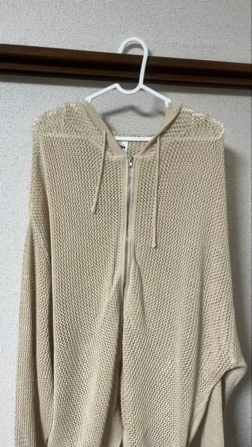 메쉬 니트 지퍼 후드티 아이보리