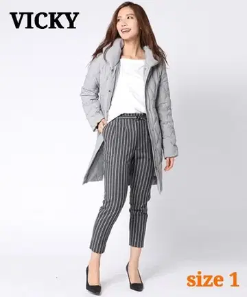 VICKY 퀼트 숄 롱 다운 코트 허리 리본 그레이 1