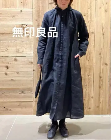 새상품급 무인양품 린넨 100 워싱 긴팔 셔츠 원피스 블랙 루즈핏 M