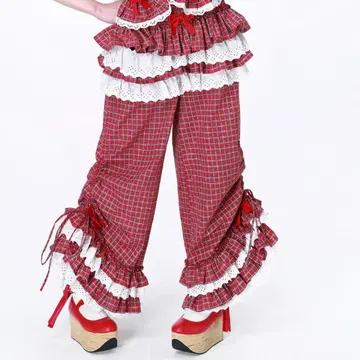 sosmemeclub 쇼와 레트로풍 밤색 체크 프릴 와이드 팬츠