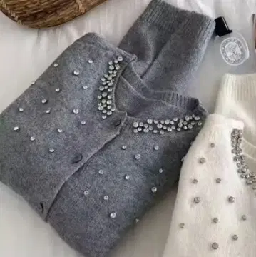 그레이 펄 장식 니트 가디건