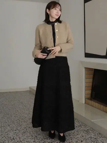 anuans 베이지 긴팔 가디건 캐시미어 블렌드 노카라 니트 자켓