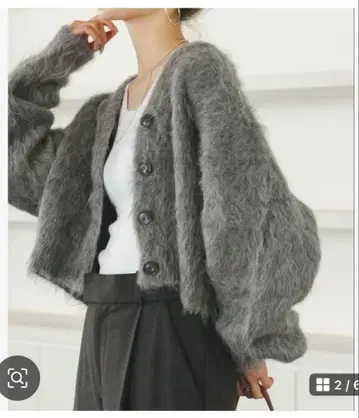 noble 알파카 혼방 샤기 숏 가디건 그레이