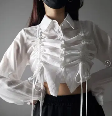 더블 리본 셔링 숏 시어 셔츠