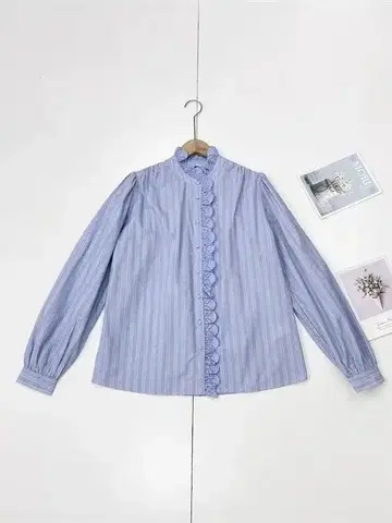프릴 달린 블루 화이트 스트라이프 긴팔 셔츠