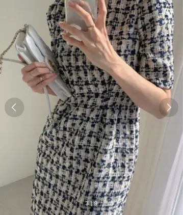 체크 무늬 하프 소매 미니 원피스 원피스 트위드 네이비