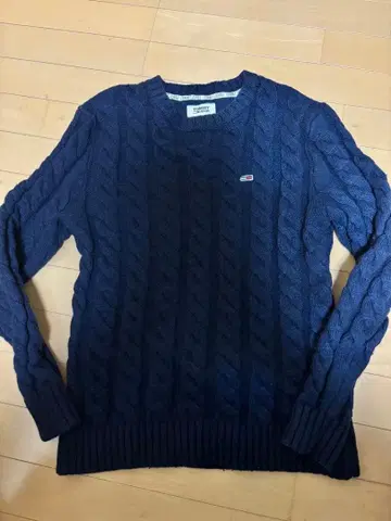 TOMMY JEANS 네이비 남성용 케이블 니트 울 혼방 긴팔 스웨터