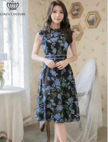 GINZA COUTURE 엘르 미디엄 드레스 블루 꽃무늬