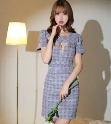 Sugar 로브 드 플뢰르 glossy 트위드 드레스 지퍼 체크 캬바쿠라