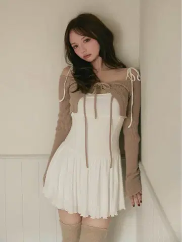 andmary Nei knit set flare dress beige