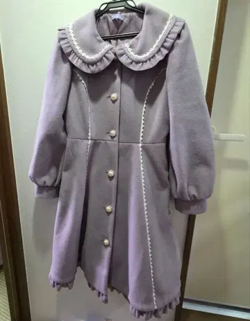 라벤더, 연보라색 화이트 프릴 롱 코트 엑시즈팜 카와이 M