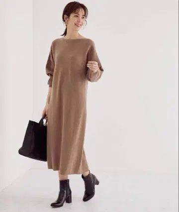 ROPE' 캐시미어 브랜드 리브 원피스 38 카멜 긴팔 롱 니트