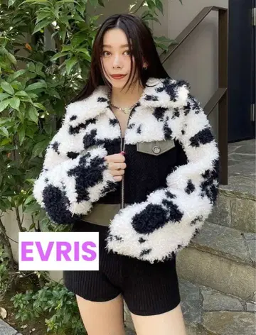 EVRIS 블로킹 보아 숏 블루종 믹스 숏 기장 자켓