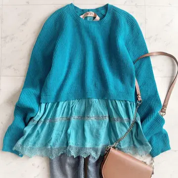 새상품급 누메로 벤투노 울 100% 레이스 페플럼 니트 블루