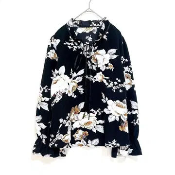 쉬인 블라우스 M 블랙 긴팔 꽃무늬 올 패턴 얇은 소재 리본