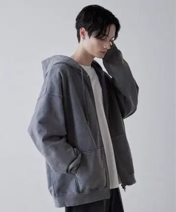 CLEL 헤비 웨이트 로고 자수 풀 집업 후드티 빈티지 블루