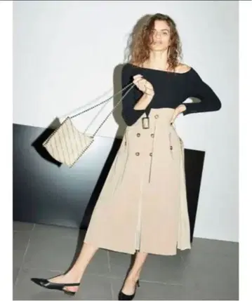 FRAY I.D 플리츠 콤비 플레어 스커트 베이지