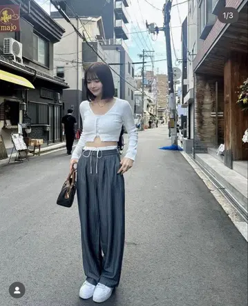 스트라이프 드로우 스트링 와이드 팬츠