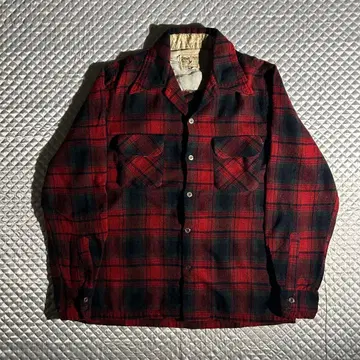 50s~ 빈티지 울 체크 플란넬 셔츠 오픈 카라 빨간색