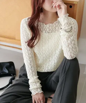 DISCOAT 레이스 롱 슬리브 아이보리