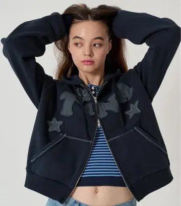 TINA:JOJUN 속기모 로고 패치워크 후디 네이비