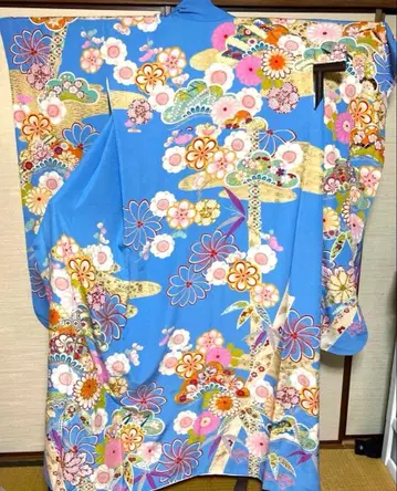 스카이블루 길상 꽃 패턴 후리소데 기장 156