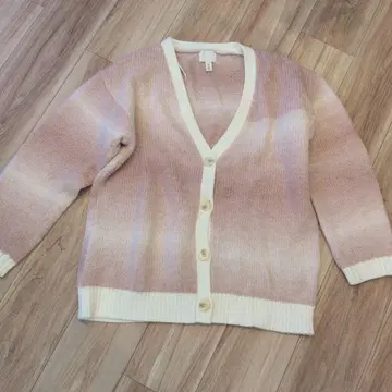 H&M 핑크 화이트 V넥 가디건 L