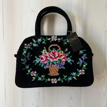 미사용 새상품 FEILER 페이러 꽃 바스켓 자수 핸드백 블랙