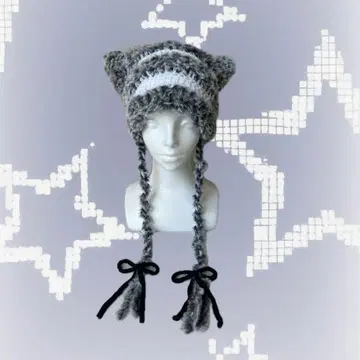 고양이 귀 핸드메이드 니트 모자 니트 크로셰 뜨개질 그런지 y2k 한국