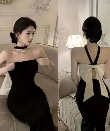 [ 미사용 새상품 ] 홀터넥 백리본 롱 기장 파티 오프숄더