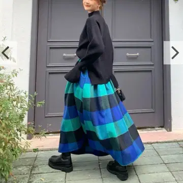 birthdaybash 패턴 체크 볼륨 롱 스커트 울