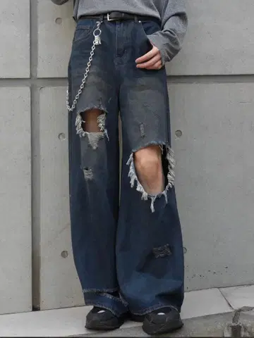 데미지 가공 와이드 레그 청바지 다크 블루