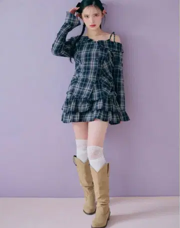 Rillyemulie 원숄더 체크 셔츠 세트