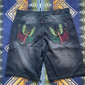 JINZU DENIM 초와이드 자수 데님 팬츠 46인치