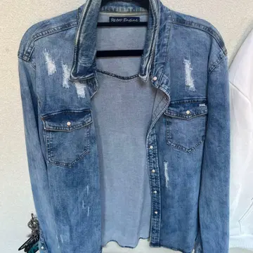 레트로 엔진 데미지 데님 셔츠 M