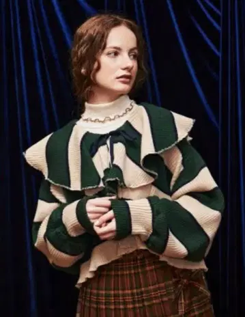 아사기니뇨 poppy 그린과 베이지 스트라이프 가디건