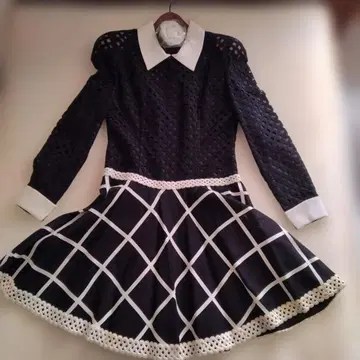 긴자 매기 구매 블랙 화이트 체크 무늬 레이스 원피스