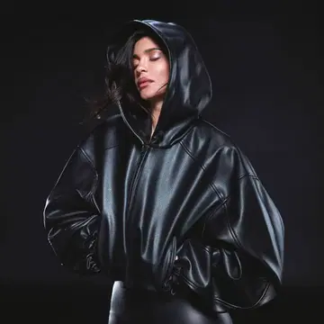 khy / 인조 가죽 크롭 후디 자켓