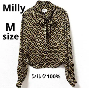 새상품급 Milly 미 뉴욕 보우 타이 골드 버튼 실크 블라우스 M