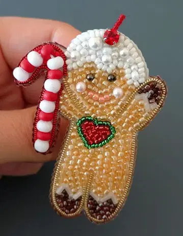 핸드메이드 비즈 자수 브로치 - 진저브레드맨 캔디